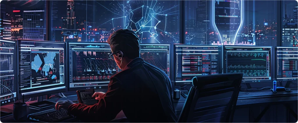 Cybersecurity analyst monitoring multiple screens on TrustVault—ensuring compliance with the Personal Data Protection Act Sri Lanka.