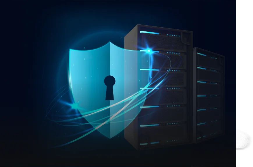 Digital shield with keyhole in front of secure servers, symbolizing TrustVault's commitment to robust data protection and compliance with the Personal Data Protection Act Sri Lanka.