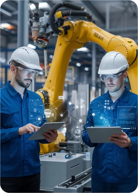 Engineers using tablets in an automated factory on TrustVault - ensuring compliance with the Personal Data Protection Act Sri Lanka.