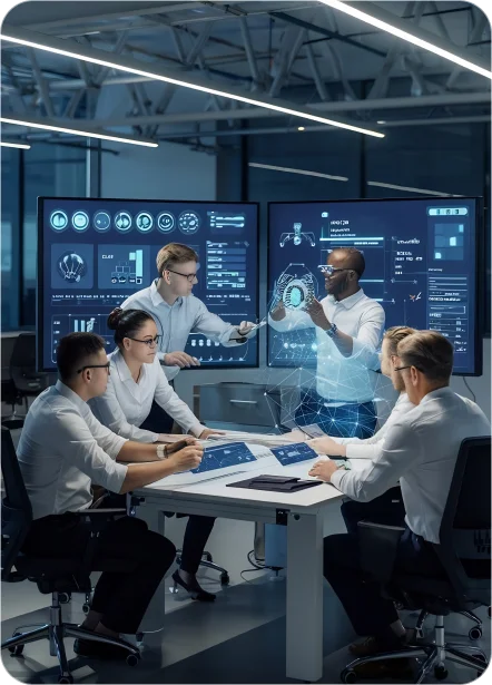 The cybersecurity team at TrustVault is collaborating in a high-tech operations center, strategizing data protection solutions in compliance with the Personal Data Protection Act Sri Lanka.