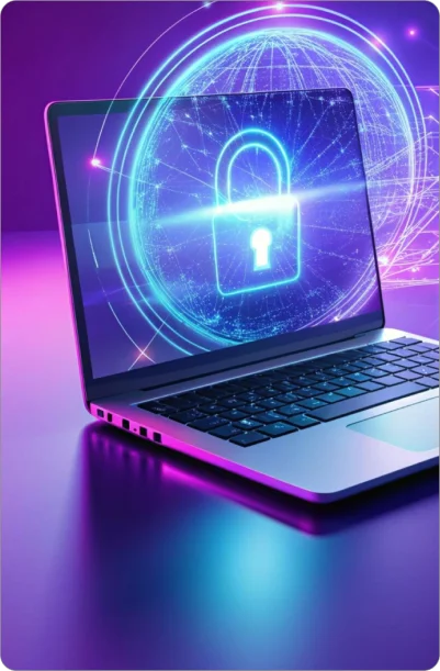 Laptop displaying a digital padlock and network globe graphic, symbolizing TrustVault’s commitment to cybersecurity through its expert penetration testing services.