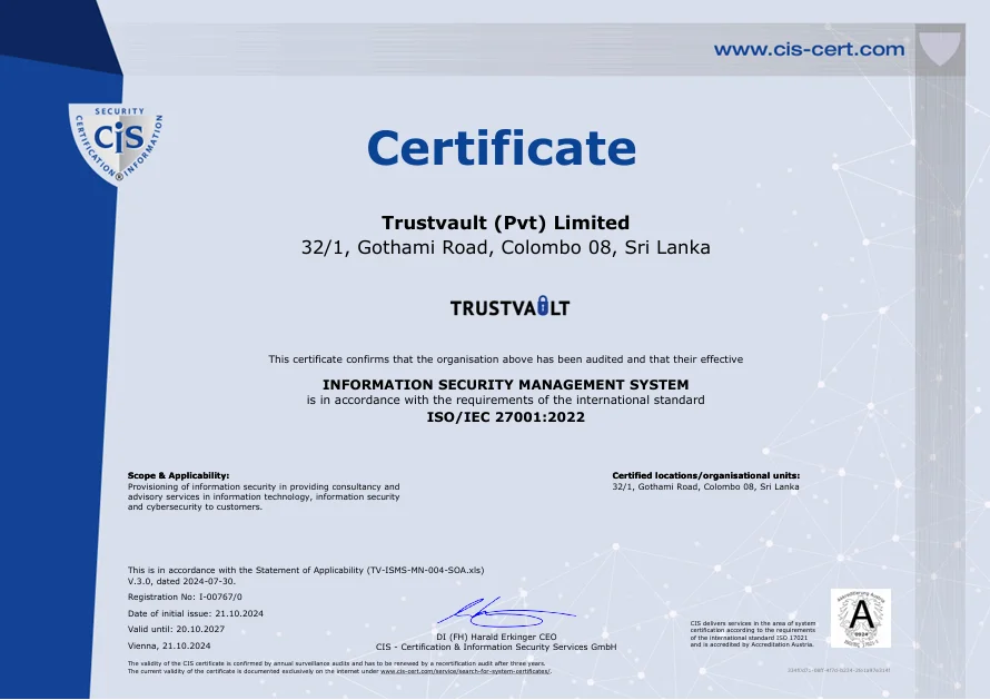 TrustVault ISO 27001:2022 certification - ensuring compliance and consultancy for the Personal Data Protection Act Sri Lanka.