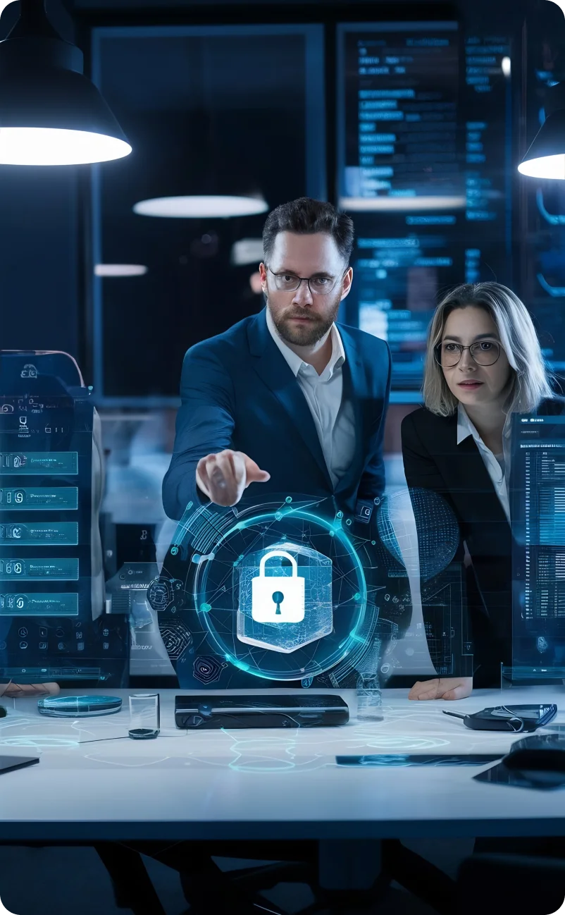 Cybersecurity professionals discussing data protection strategies on TrustVault - ensuring compliance with the Personal Data Protection Act Sri Lanka.